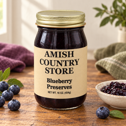 Amish Country Store Blueberry Preserves 16 oz (454g) with a serving of its contents.