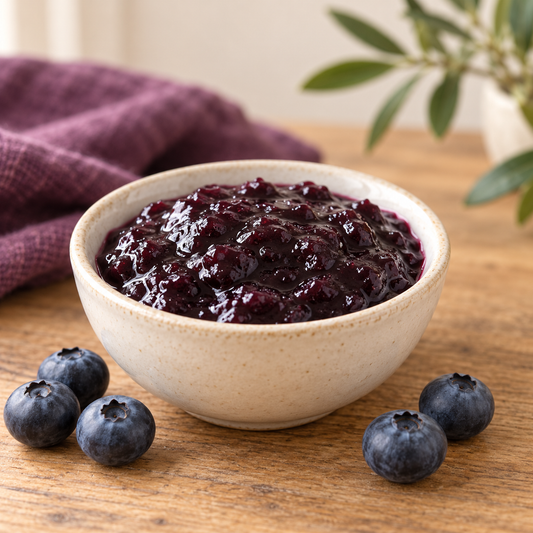 Blueberry jam in a cream bowl beside fresh blueberries; serving suggestion.