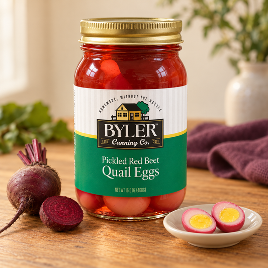 Byler Pickled Red Beet Quail Eggs | 16.5 oz in its original jar with a serving suggestion.