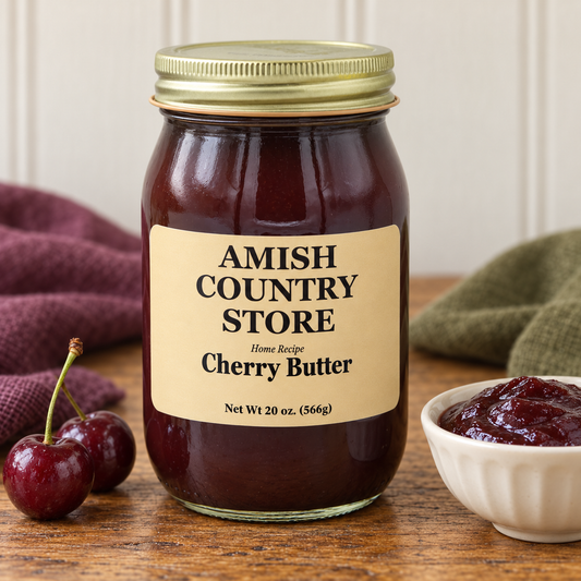 Amish Country Store Home Recipe Cherry Butter 20 oz. (566g) with its prepared contents.