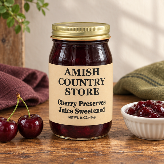 Amish Country Store Cherry Preserves Juice Sweetened 16 oz (454g) with a serving of its contents.