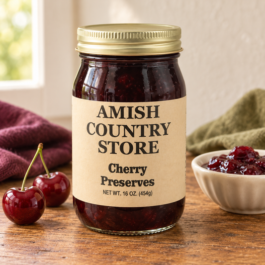 Amish Country Store Cherry Preserves 16 oz (454g) with a serving of its contents.