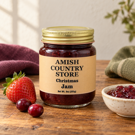 Amish Country Store Christmas Jam 9 oz (255g) with a serving of its contents.