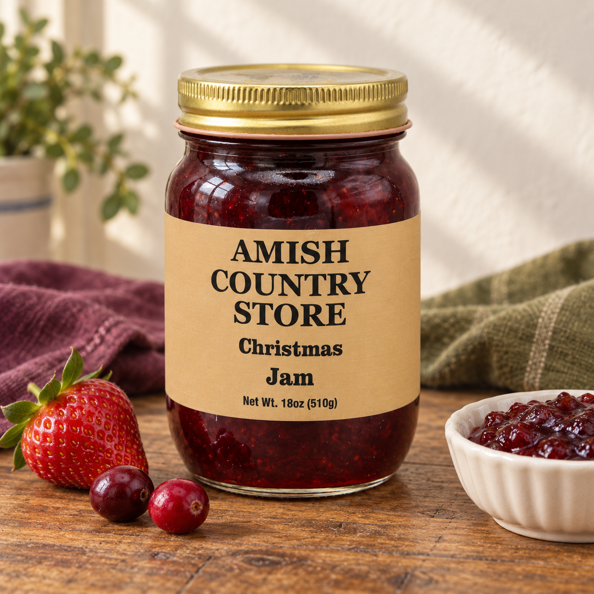 Amish Country Store Christmas Jam 18 oz (510g) with a serving of its contents.