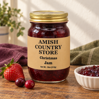 Amish Country Store Christmas Jam 18 oz (510g) with a serving of its contents.