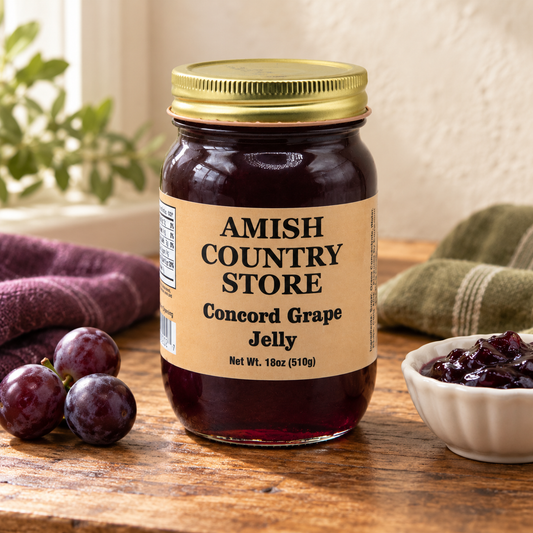 Amish Country Store Concord Grape Jelly 18 oz (510g) with a serving of its contents.