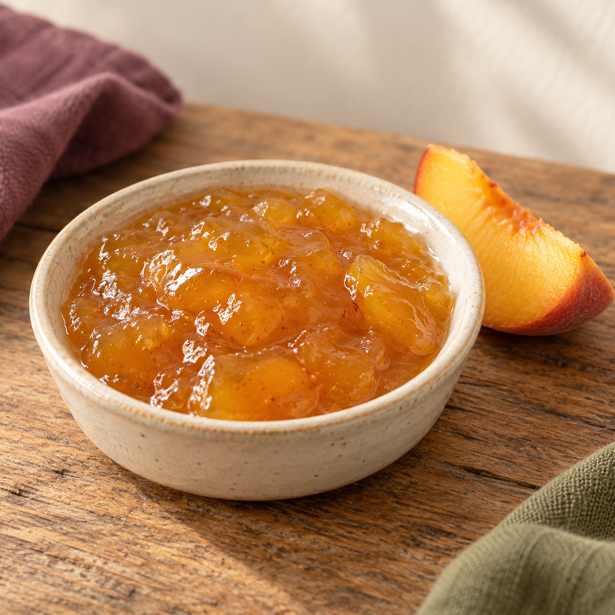 Peach Preserves in a small dish with ingredient cues; serving suggestion.