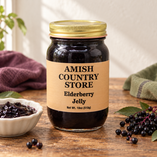 Amish Country Store Elderberry Jelly 18 oz (510g) with a serving of its contents.