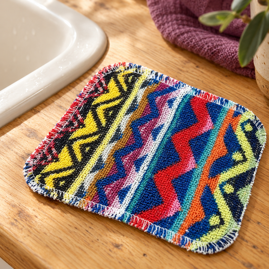 One Euroscrubby cleaning pad in an assorted color pattern on a kitchen counter.