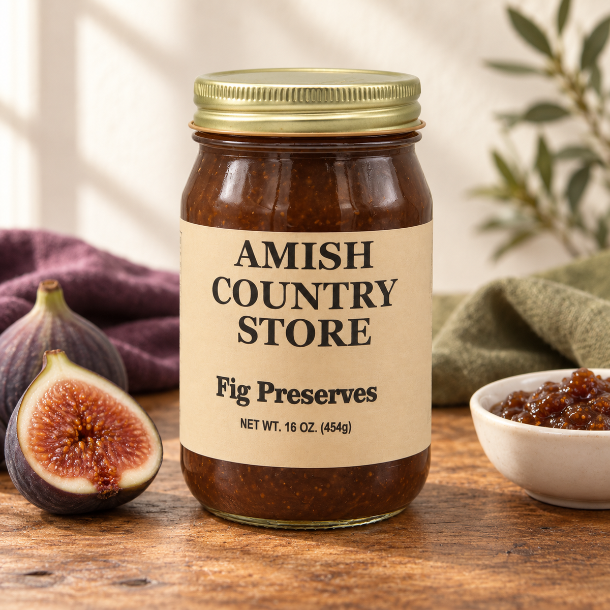 Amish Country Store Fig Preserves 16 oz (454g) with a serving of its contents.