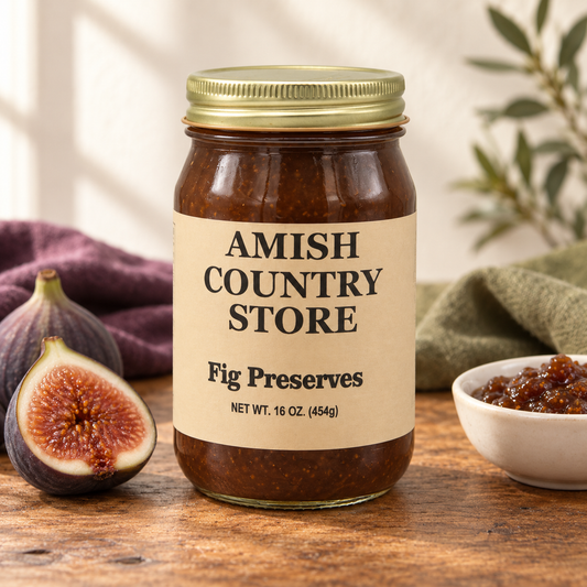 Amish Country Store Fig Preserves 16 oz (454g) with a serving of its contents.