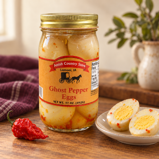 Ghost Pepper Pickled Eggs | 17 oz in its original jar with a serving suggestion.