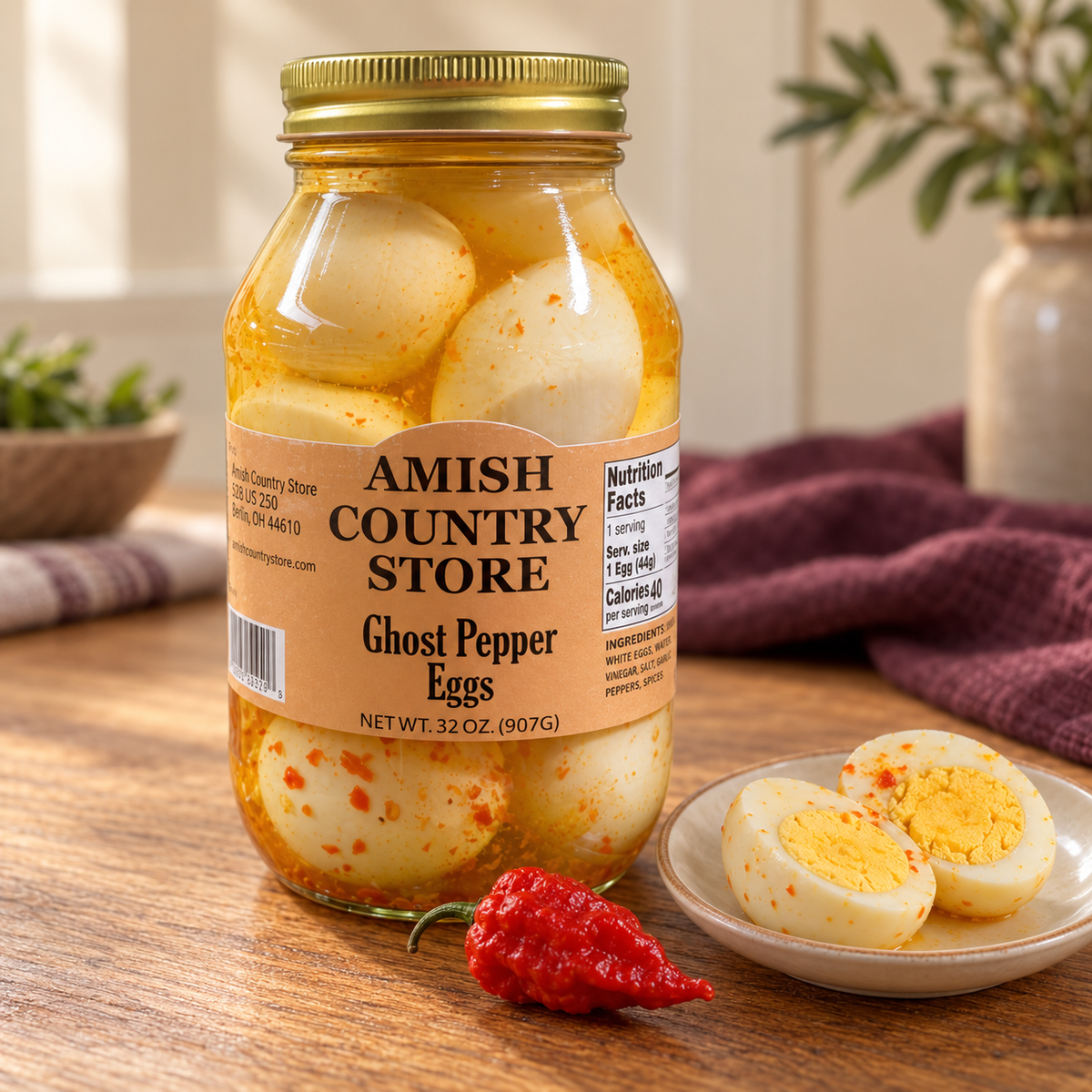 Ghost Pepper Pickled Eggs | 32 oz in its original jar with a serving suggestion.