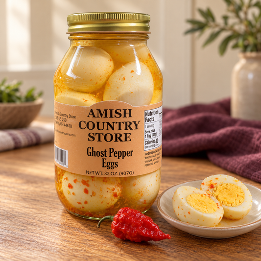 Ghost Pepper Pickled Eggs | 32 oz in its original jar with a serving suggestion.