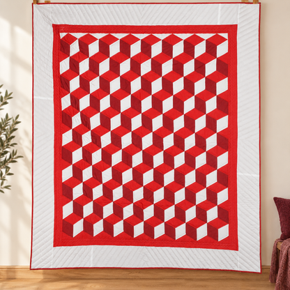 Amish handstitched red, burgundy, and white tumbling-block quilt with white border.