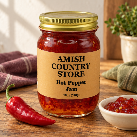Amish Country Store Hot Pepper Jam 18oz (510g) jar with a small serving and ingredient cues.