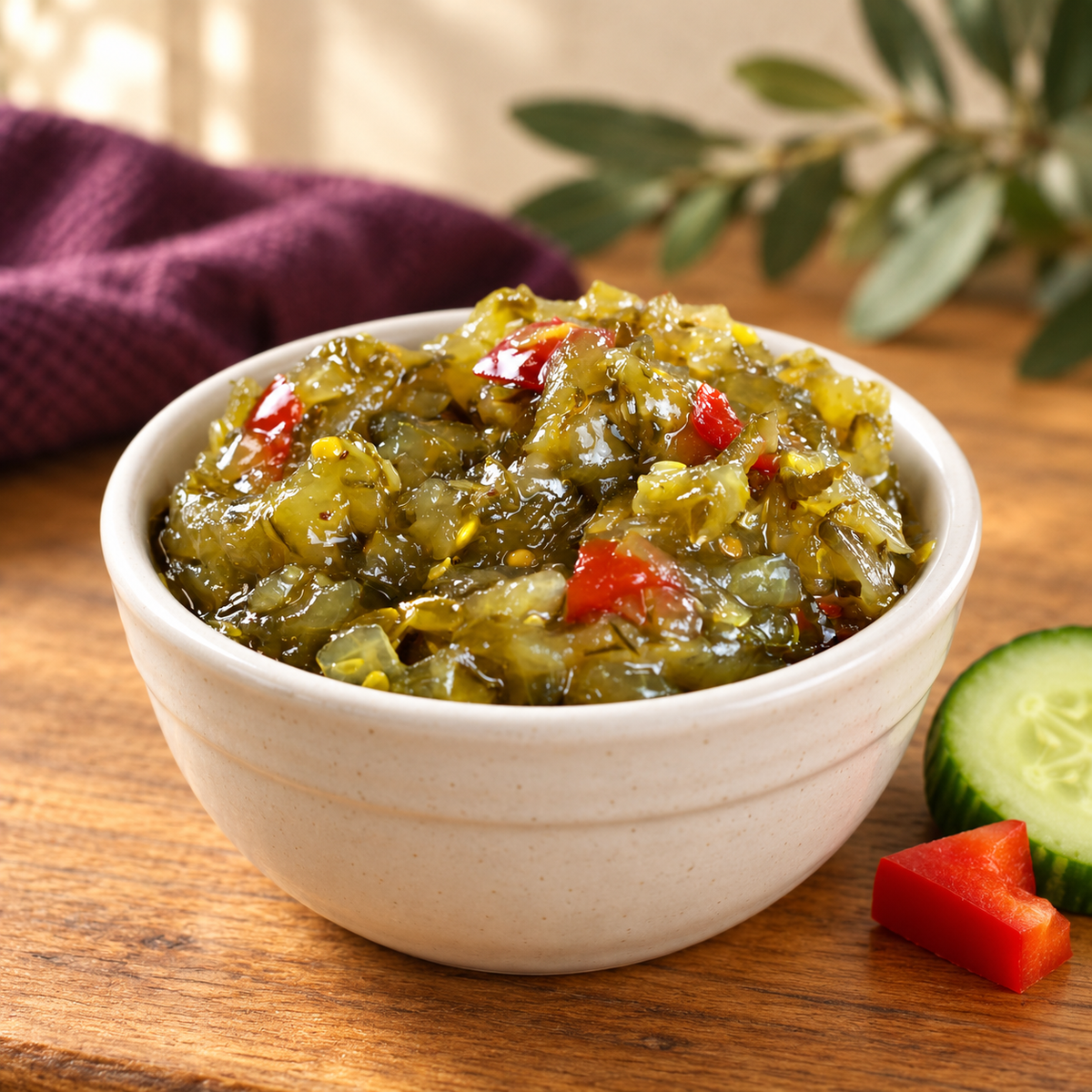 Jake & Amos sweet pickle relish in a cream bowl; serving suggestion.