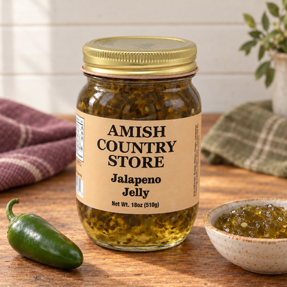 Amish Country Store Jalapeno Jelly 18oz (510g) jar with a small serving and ingredient cues.