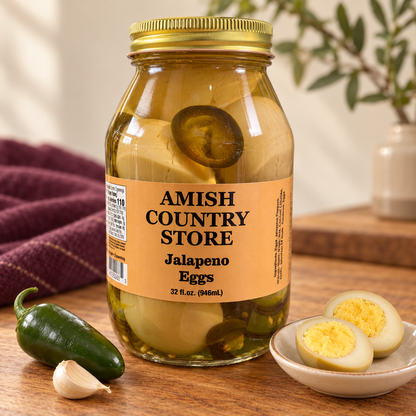 Jalapeño Pickled Eggs with Garlic | 32 fl oz in its original jar with a serving suggestion.