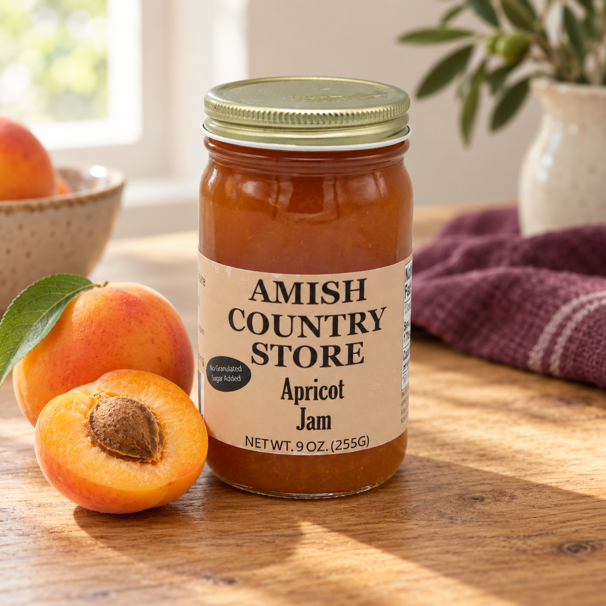 Juice-sweetened apricot jam, 9 oz jar, beside fresh apricots.