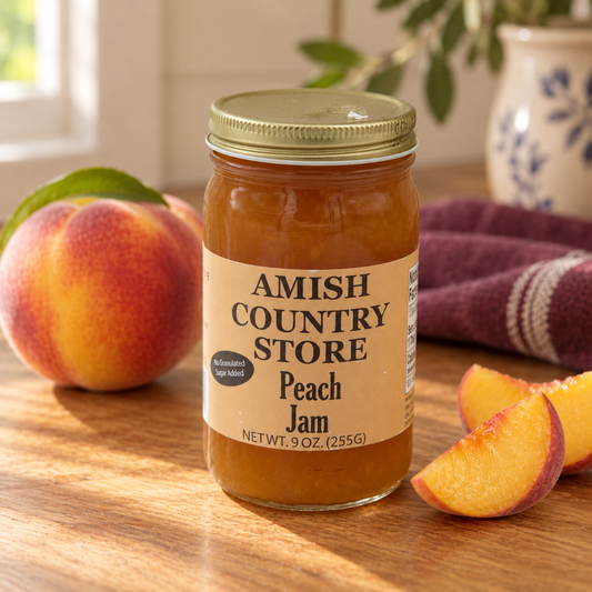 Juice-sweetened peach jam, 9 oz jar, beside a fresh peach and slices.