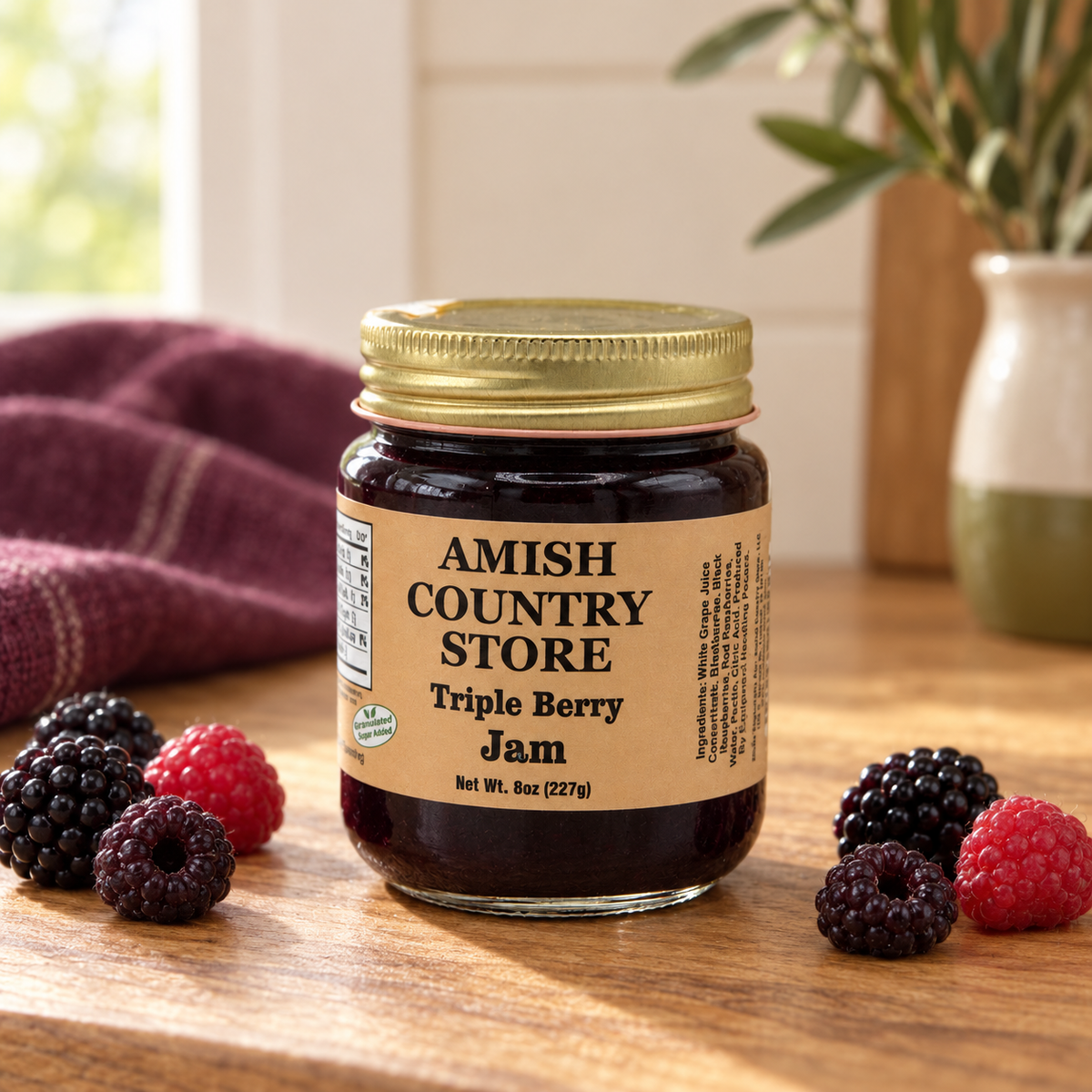 Juice-sweetened triple berry jam, 8 oz jar, with blackberries and red and black raspberries.