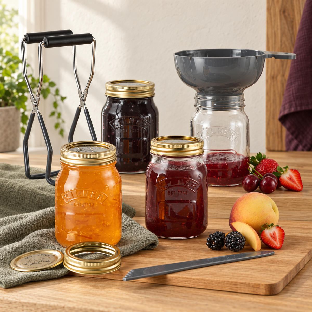 Kilner Preserving Starter Set with four 17 US fl oz jars, jar lifter, funnel and bubble remover in a warm neutral kitchen scene.