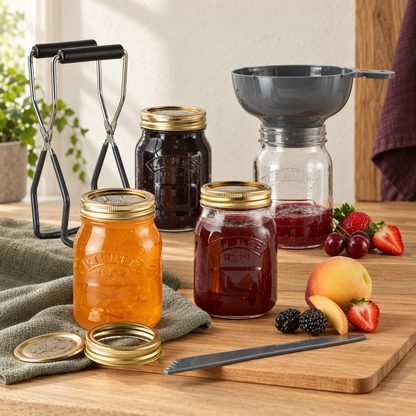 Kilner Preserving Starter Set with four 17 US fl oz jars, jar lifter, funnel and bubble remover in a warm neutral kitchen scene.