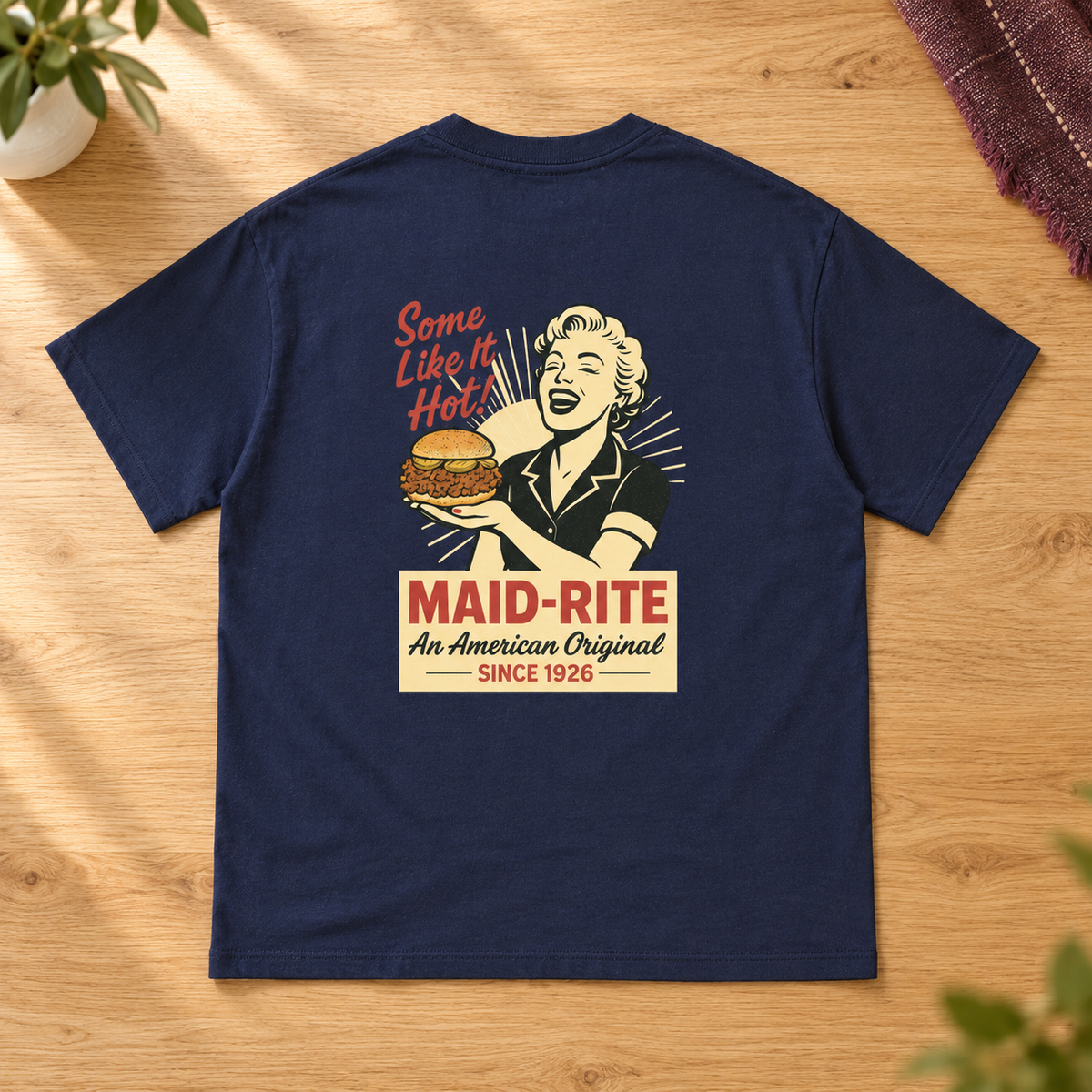 Back of the navy Maid-Rite Some Like It Hot T-shirt with its vintage diner illustration.