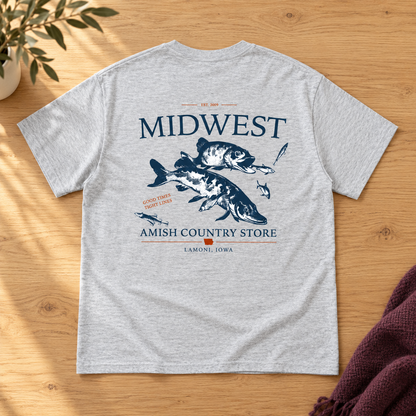Back of the heather gray Midwest Tight Lines Good Times T-shirt with navy and rust fishing artwork.