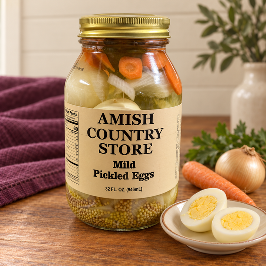 Mild Pickled Eggs with Vegetables | 32 fl oz in its original jar with a serving suggestion.