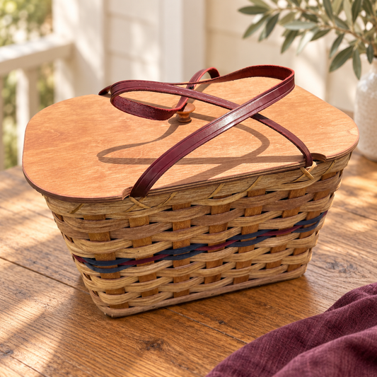 12-inch Amish-made picnic basket with leather handles and wooden lid.