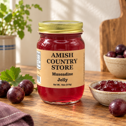 Amish Country Store Muscadine Jelly 18oz (510g) jar with its prepared contents on warm wood.