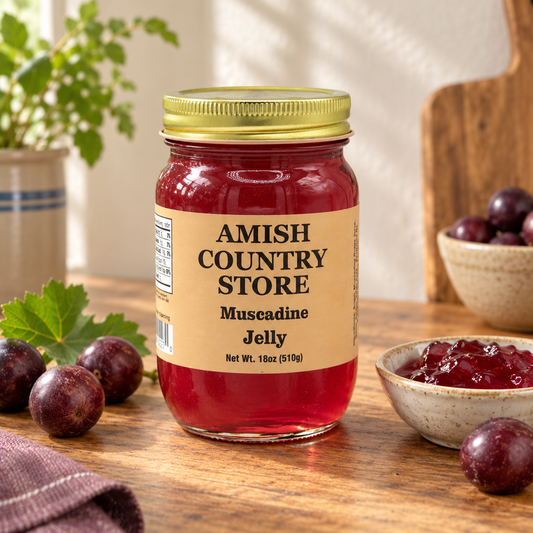 Amish Country Store Muscadine Jelly 18oz (510g) jar with its prepared contents on warm wood.