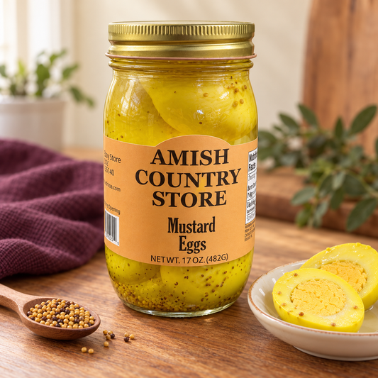 Mustard Pickled Eggs with Celery Seed | 17 oz in its original jar with a serving suggestion.