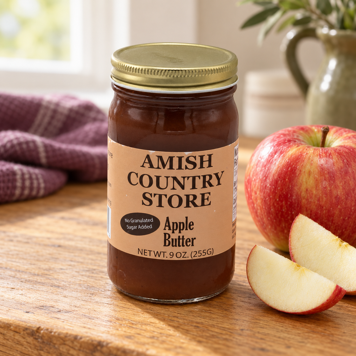 Apple butter with no granulated sugar added, 9 oz jar beside fresh apple slices.