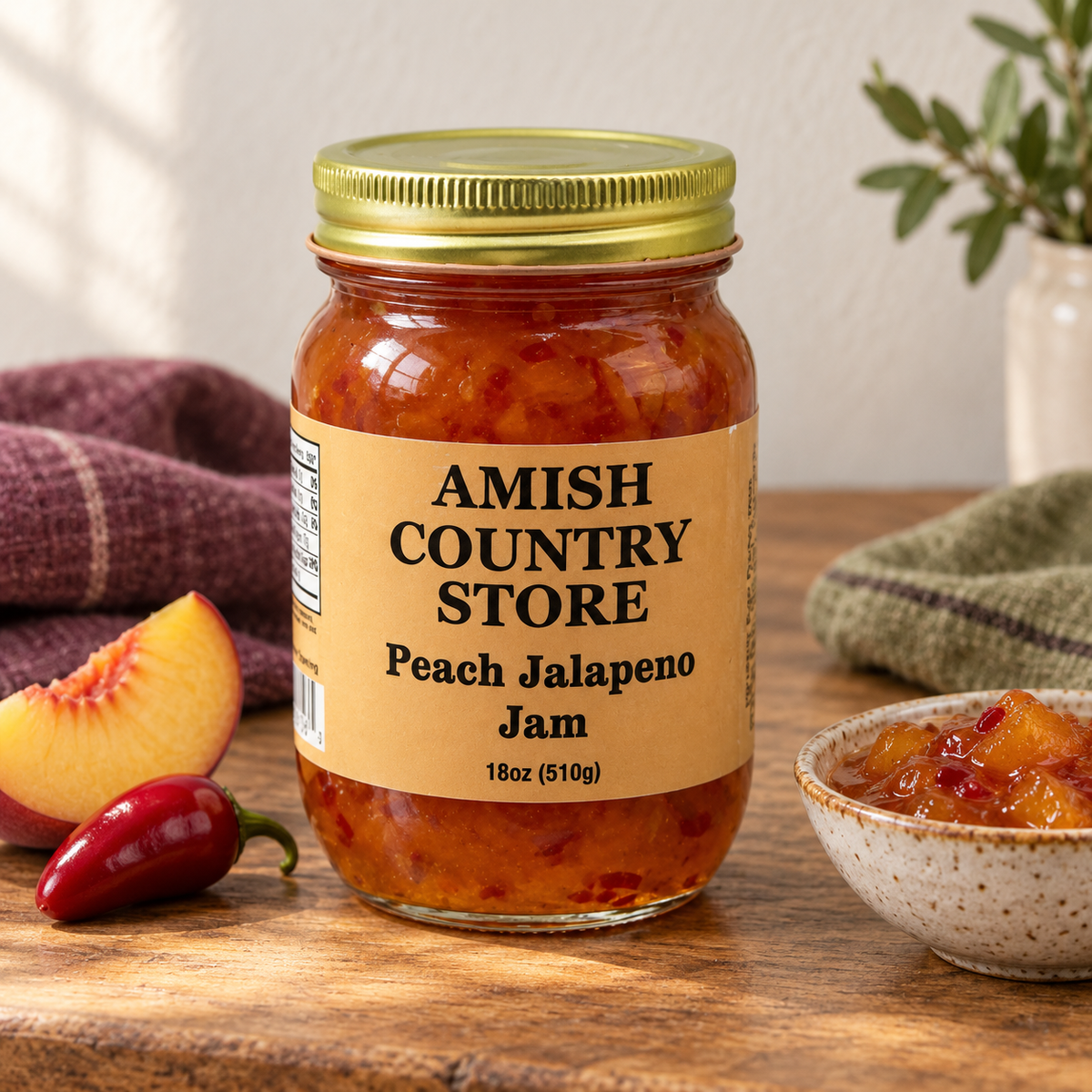 Amish Country Store Peach Jalapeno Jam 18oz (510g) jar with a small serving and ingredient cues.