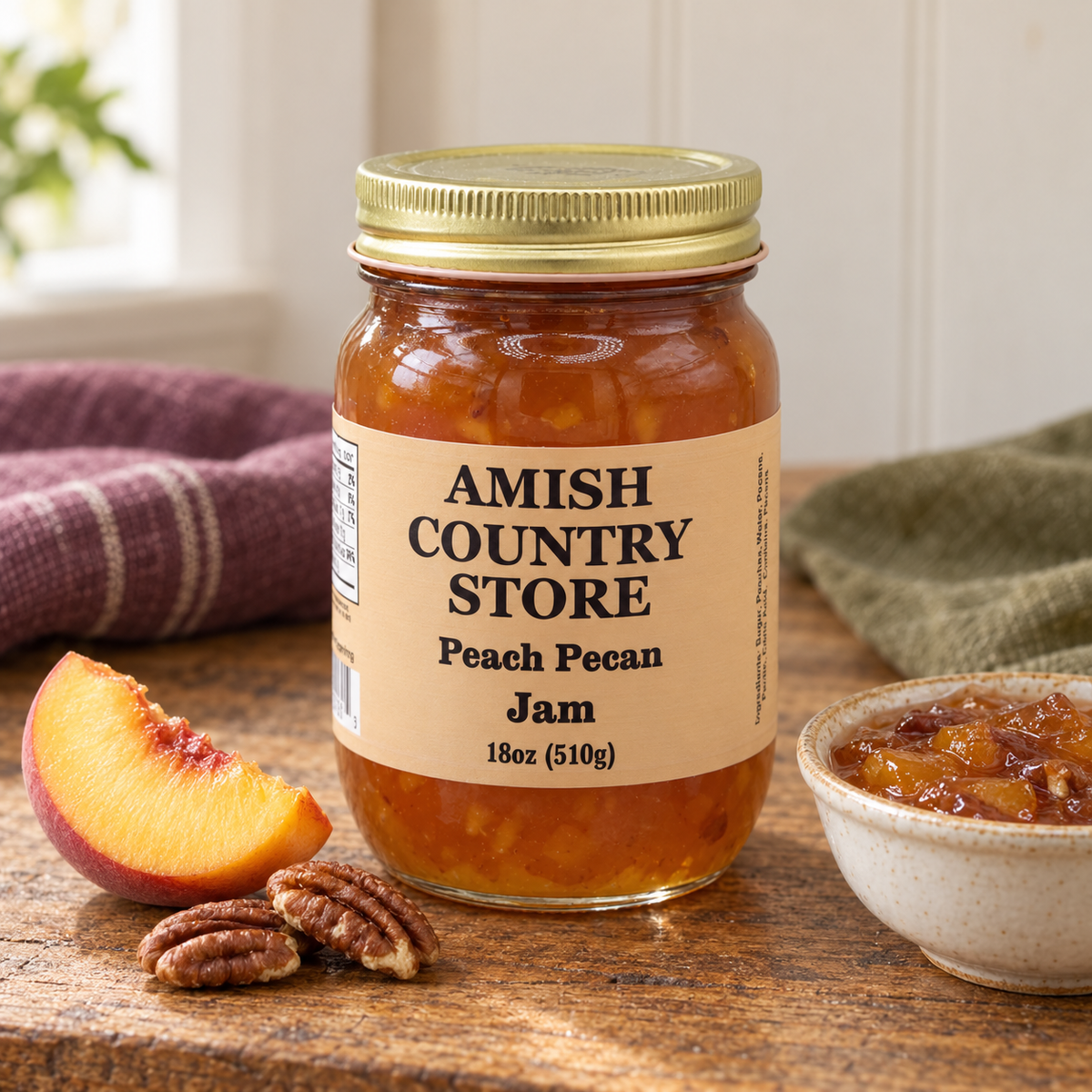 Amish Country Store Peach Pecan Jam 18oz (510g) jar with a small serving and ingredient cues.