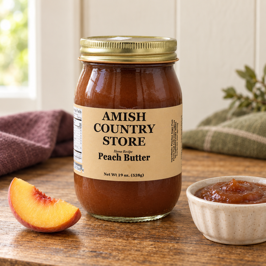 Amish Country Store Home Recipe Peach Butter 19oz (538g) jar with a small serving and ingredient cues.