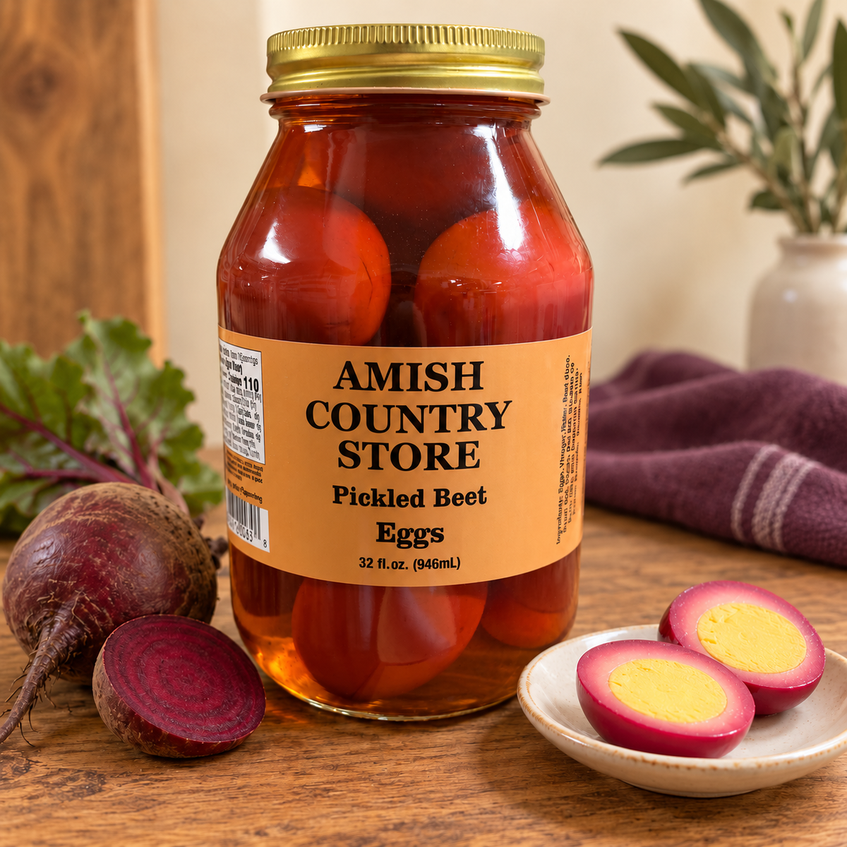 Pickled Beet Eggs | Sweet & Tangy | 32 fl oz in its original jar with a serving suggestion.