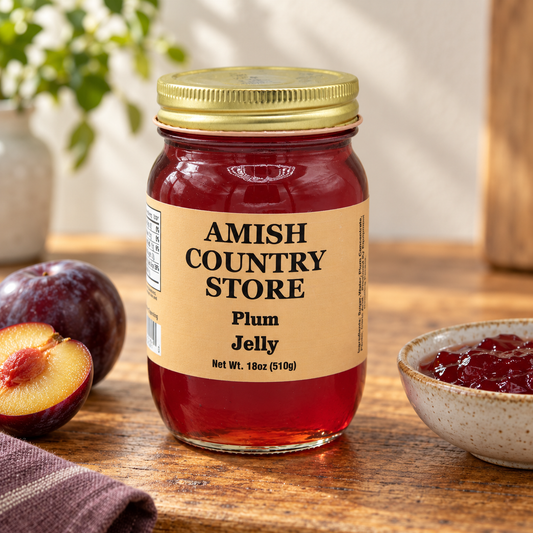 Amish Country Store Plum Jelly 18oz (510g) jar with its prepared contents on warm wood.