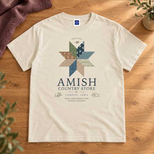 Front of the vintage cream Quilt Star T-shirt with blue, green and brown patchwork print.