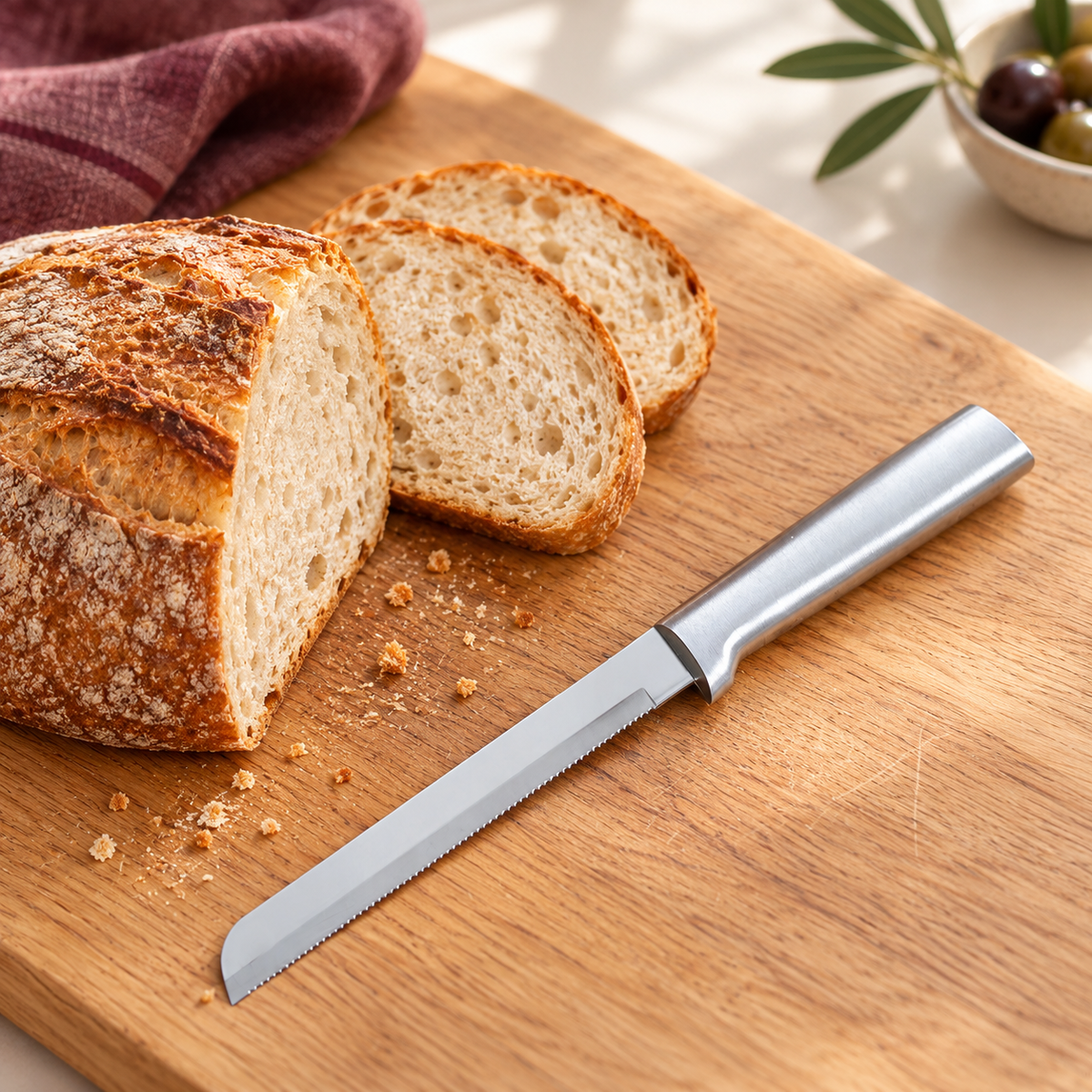 Rada Bread Knife with silver handle beside sliced bread.