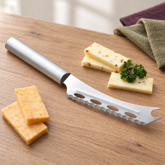 Rada Cheese Knife with silver handle and forked tip on warm wood beside cheese in an ivory, plum and olive styled scene.