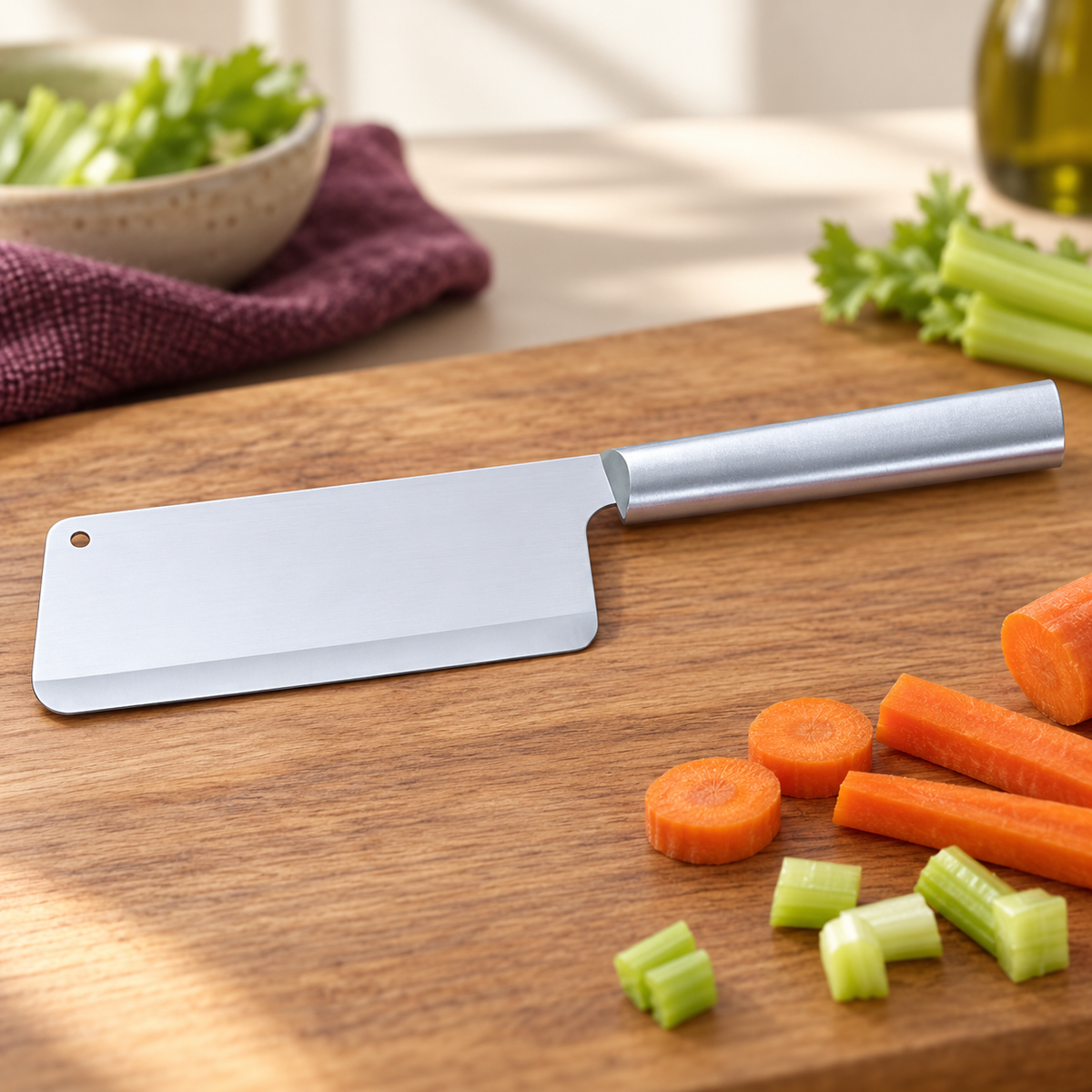 Rada Chef’s Dicer with silver handle beside chopped vegetables.