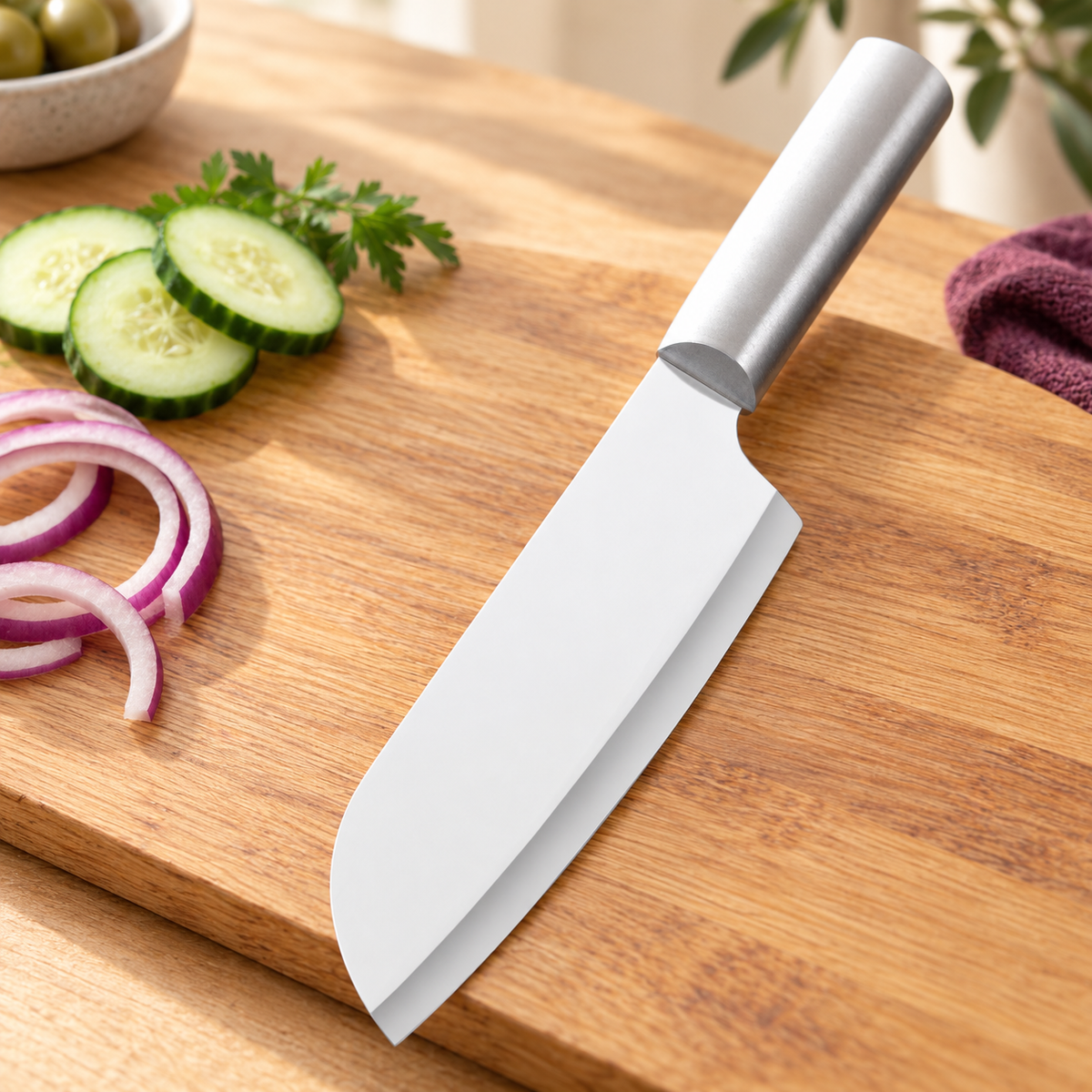 Rada Cook’s Knife with silver handle, shown with vegetables.