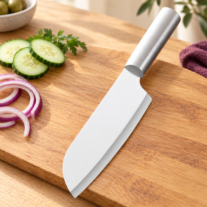 Rada Cook’s Knife with silver handle, shown with vegetables.