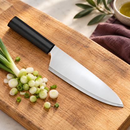 Rada French Chef knife with black handle on a warm wood kitchen surface.