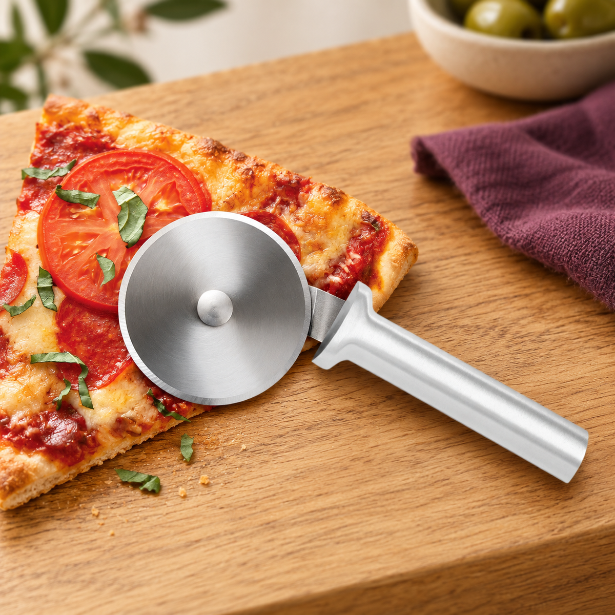 Rada Pizza Cutter with silver handle and 3-inch wheel beside pizza.