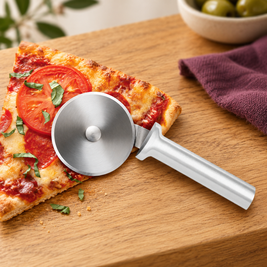 Rada Pizza Cutter with silver handle and 3-inch wheel beside pizza.